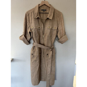 Sharagano Dress Womens 16 Tan Cotton Blend Stretch Belted With Pockets
